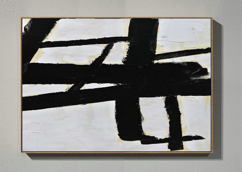 Large Contemporary Painting,Horizontal Palette Knife Minimal Canvas Art Painting Black White Beige - Acrylic Painting On Canvas